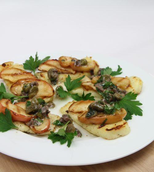 Grilled Halloumi and Apple Wedges with Caper, Anchovy and Herb Dressing