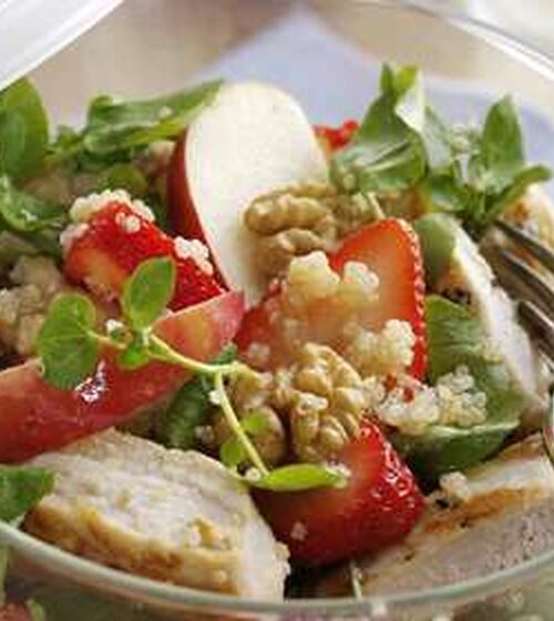 Apple, Strawberry, Chicken and Walnut Salad, with Quinoa and Pink Peppercorn Dressing